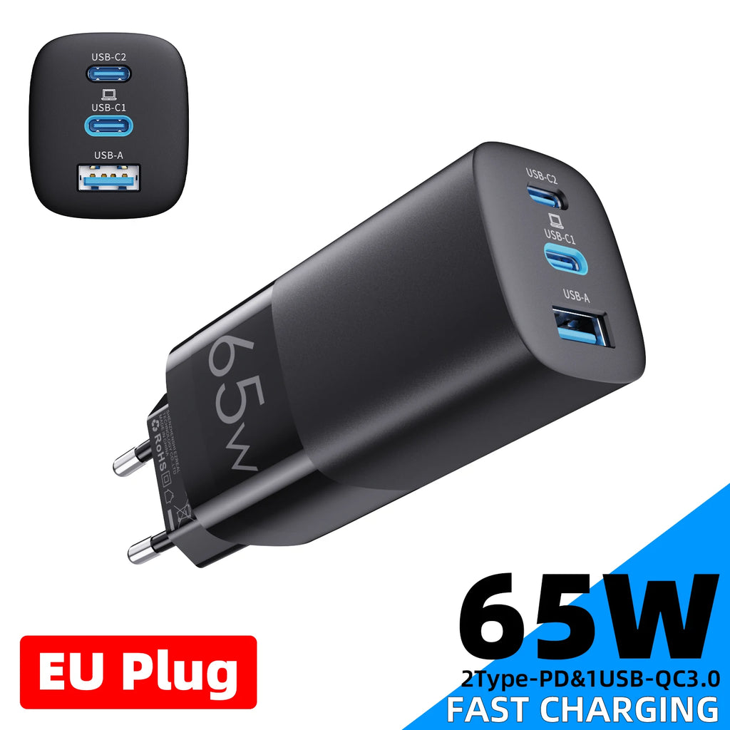 GaN 65W USB Type C Charger Fast Charging QC4.0 QC3.0 PD3.0 for iPhone 17 16 15 14 13 12 Xiaomi 12 11 Samsung S23 S22 Laotop