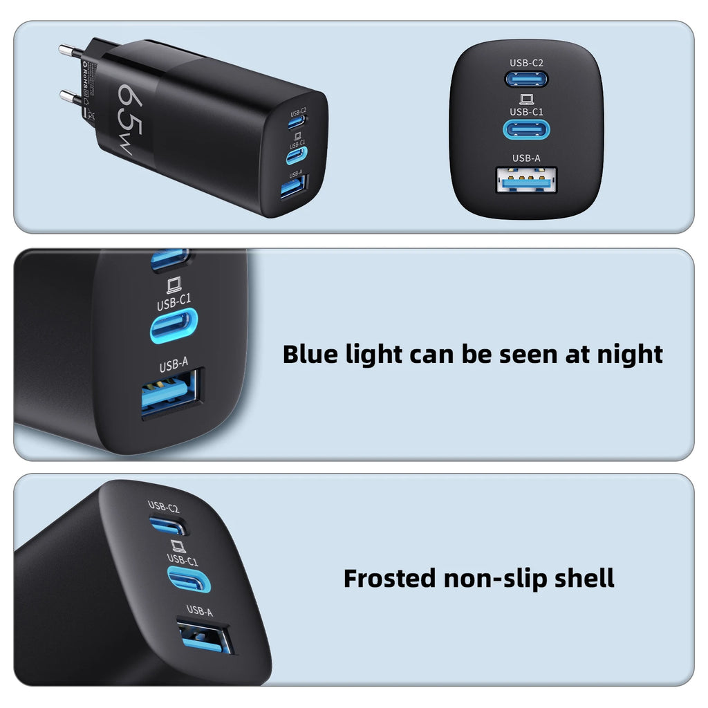 GaN 65W USB Type C Charger Fast Charging QC4.0 QC3.0 PD3.0 for iPhone 17 16 15 14 13 12 Xiaomi 12 11 Samsung S23 S22 Laotop