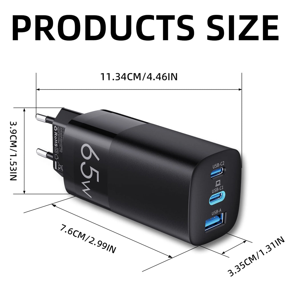 GaN 65W USB Type C Charger Fast Charging QC4.0 QC3.0 PD3.0 for iPhone 17 16 15 14 13 12 Xiaomi 12 11 Samsung S23 S22 Laotop