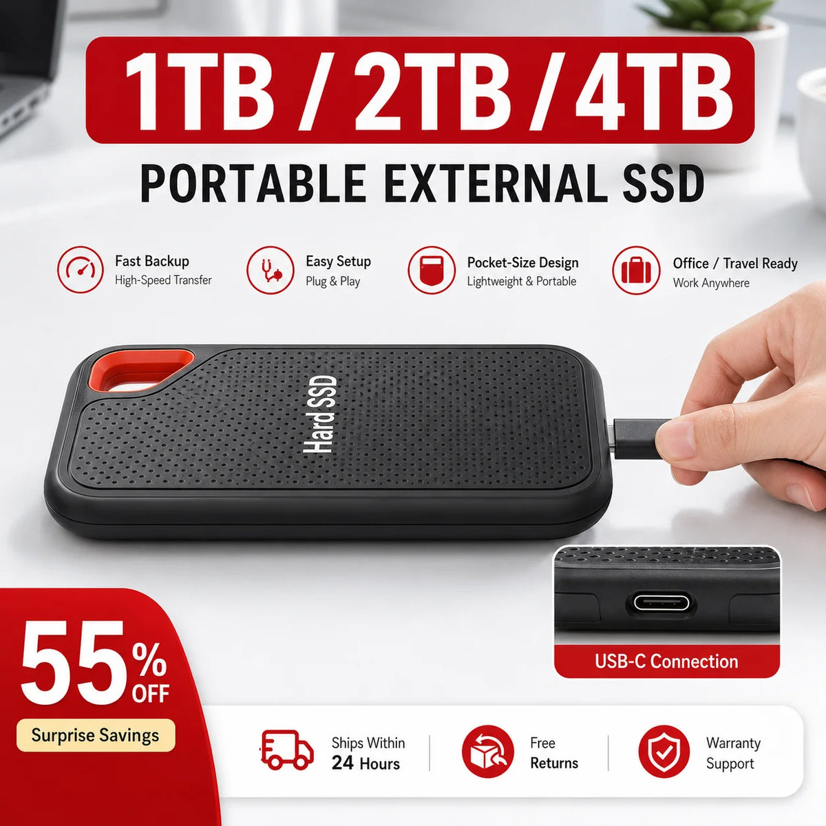 16TB Portable SSD External Hard Drive USB 3.1 Type-C High-Speed Data Storage for Laptop/Mac
