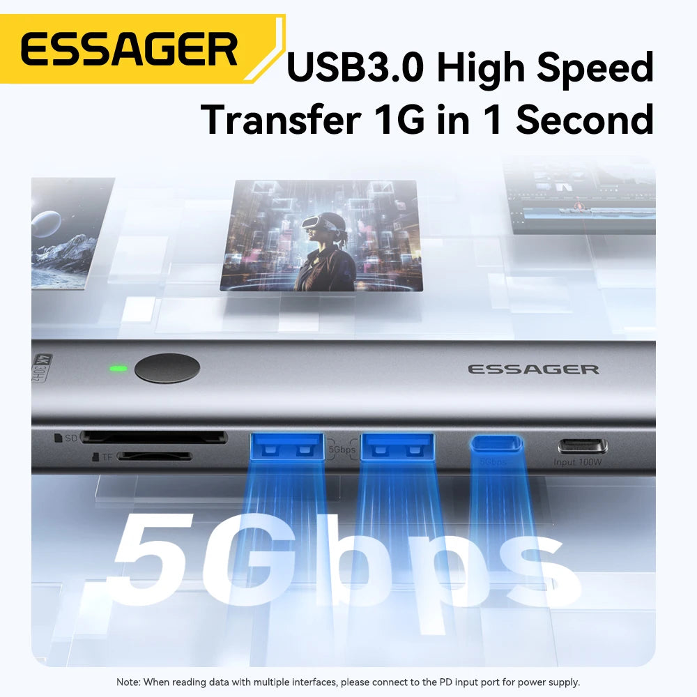 Essager USB C HUB 4K 7-in-1 Type C to HDMI PD 100W SD&TF USB 3.0 5Gbps Multiport Adapter for MacBook Laptop iPad Phone Splitter