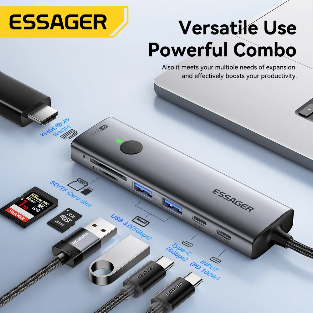 Essager USB C HUB 4K 7-in-1 Type C to HDMI PD 100W SD&TF USB 3.0 5Gbps Multiport Adapter for MacBook Laptop iPad Phone Splitter