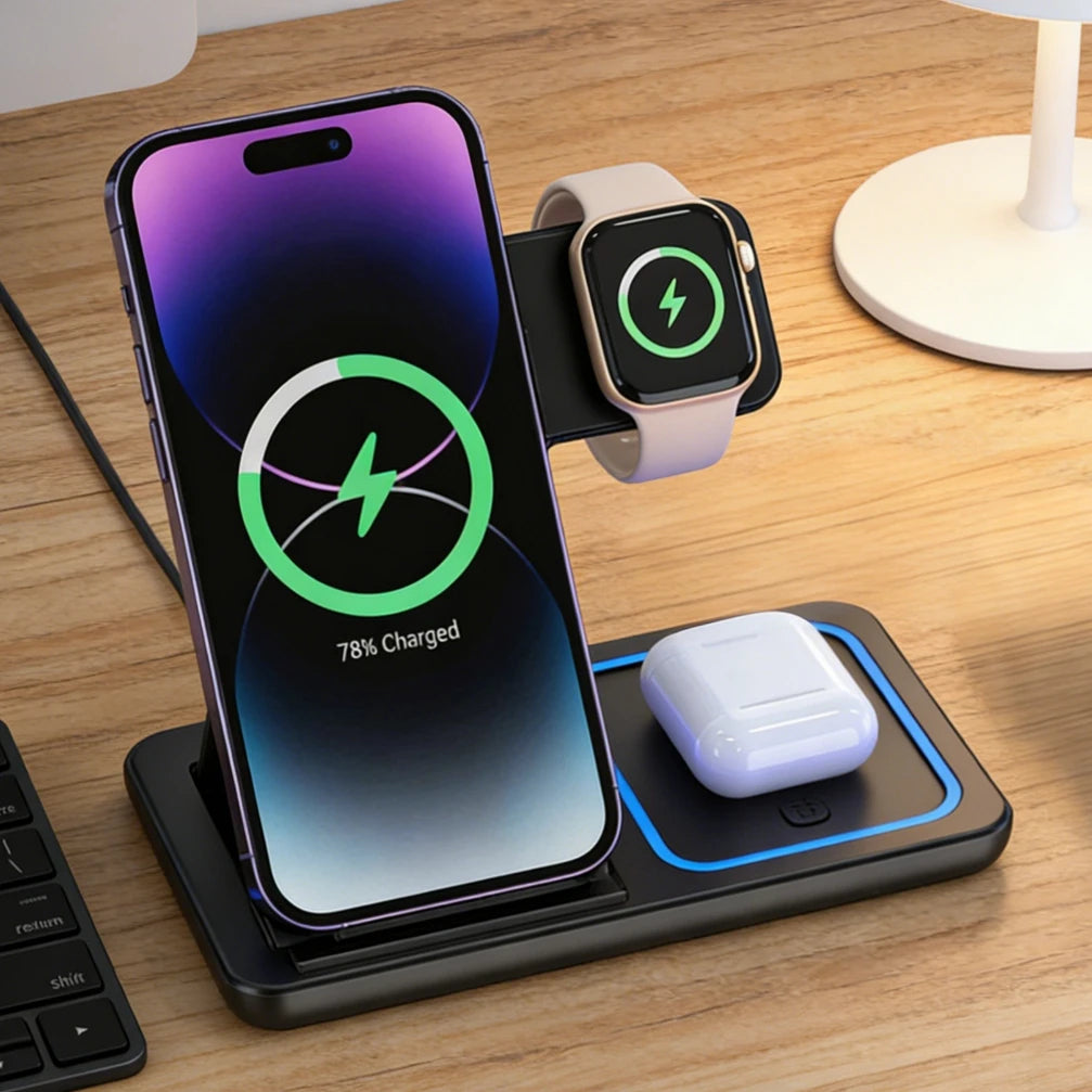 Foldable 3 in 1 Wireless Charging Station for iPhone 17 16 15 14 13 12 Pro Max iWatch 11 Airpods Pro 4/3 Fast Charger Stand Dock