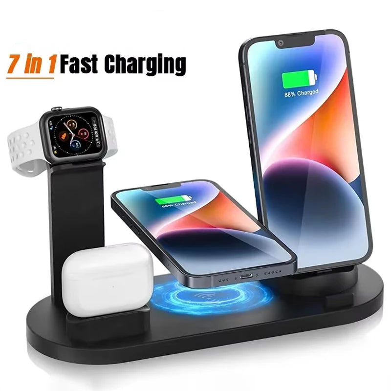 7 In 1 Wireless Charger Stand For iPhone 1-12 Apple Watch 9/8/7/6 Airpods Pro2/1 Phone Chargers Fast Charging Dock Station
