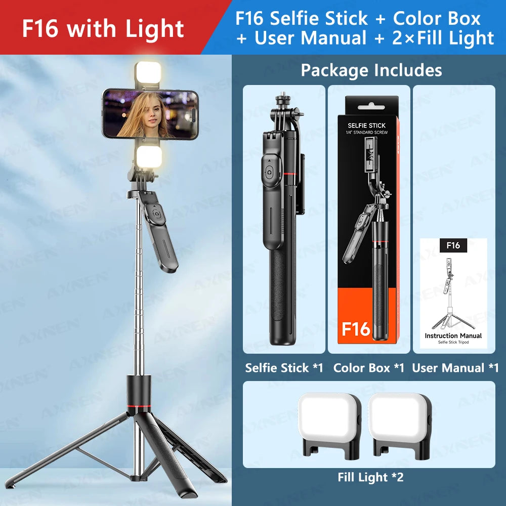 F16 Selfie Stick Tripod with 1708mm Long 8-Section Pole, Bluetooth Remote, 360° Rotation, 1/4 Interface, for Phone Camera Vlog