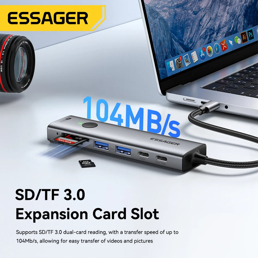 Essager USB C HUB 4K 7-in-1 Type C to HDMI PD 100W SD&TF USB 3.0 5Gbps Multiport Adapter for MacBook Laptop iPad Phone Splitter
